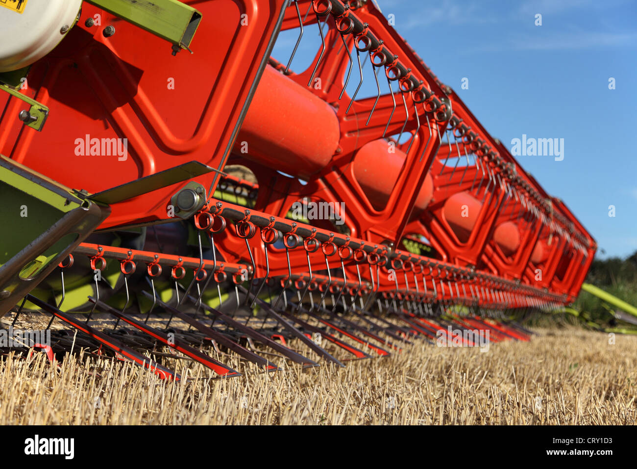 Rendmt Lexion Claas 470 plateau de coupe de moissonneuse-batteuse de l'évolution et du cueilleur, reposant sur des chaumes. Banque D'Images