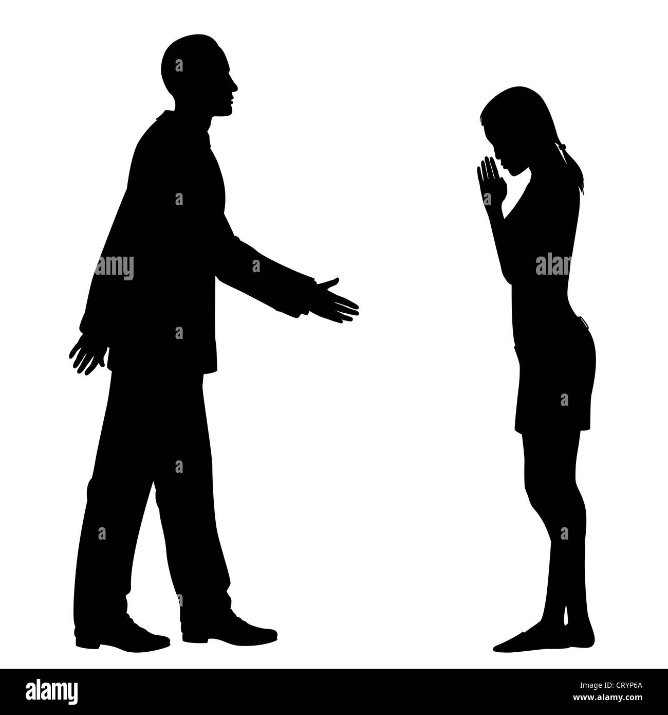 L'Illustre silhouettes des choc des cultures comme un homme de l'ouest et de l'Asie de l'est une femme saluent Banque D'Images