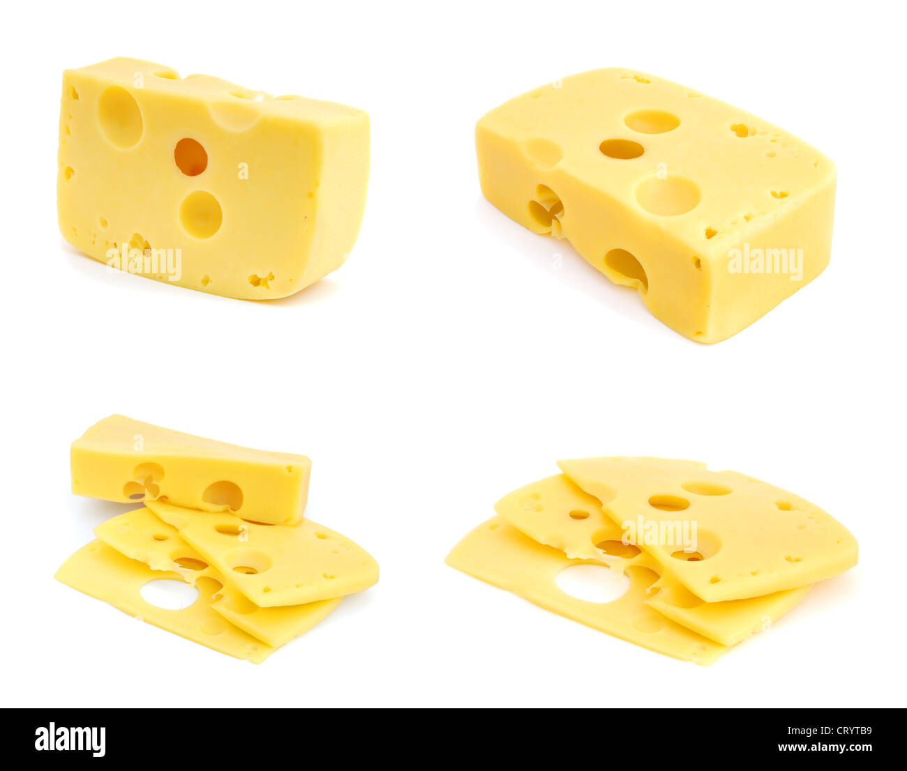 Jeu d'images avec du fromage isolé sur fond blanc Banque D'Images