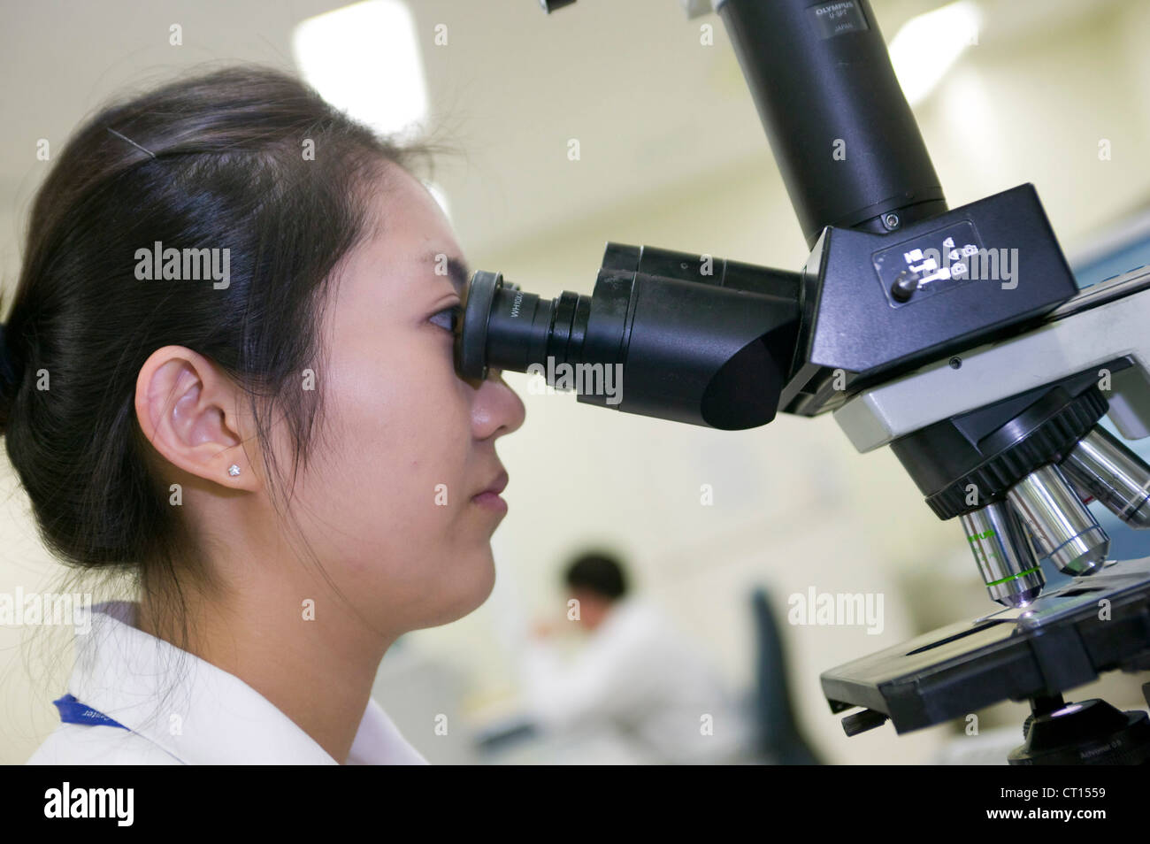Un technicien de laboratoire diapositives études d'échantillons de sang Banque D'Images