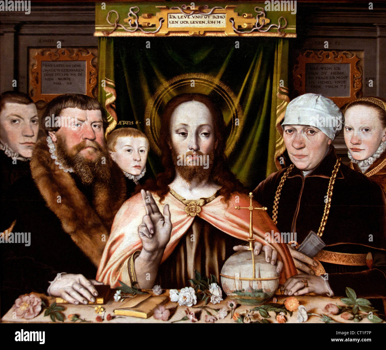 Le Christ bénissant entouré par un donateur et sa famille à propos de peintre allemand Basse-saxe Allemagne 1575 - 80 Banque D'Images