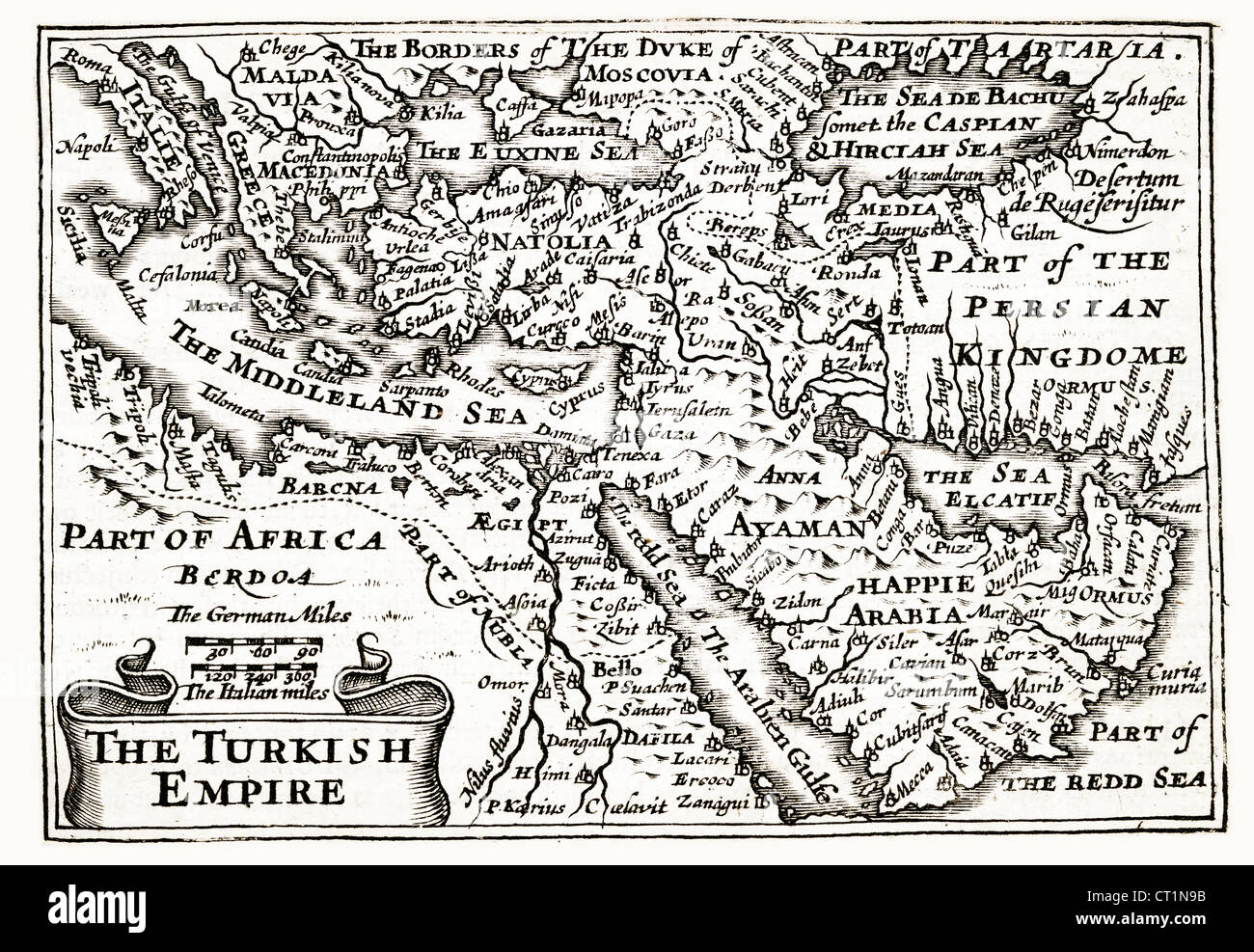 Carte de l'Empire turc par Petrus Kaerius 1646 par John Speed Perspective des plus célèbres régions du monde 1675. JMH6027 Banque D'Images