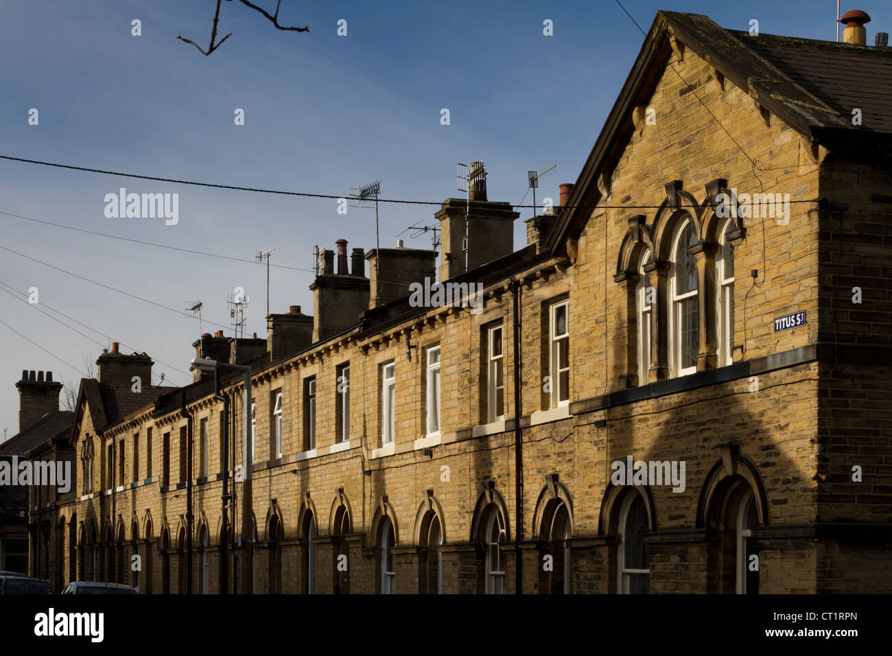 Titus Street à Saltaire, travailleurs maisons construites par Titus Salt pour ses employés. Banque D'Images