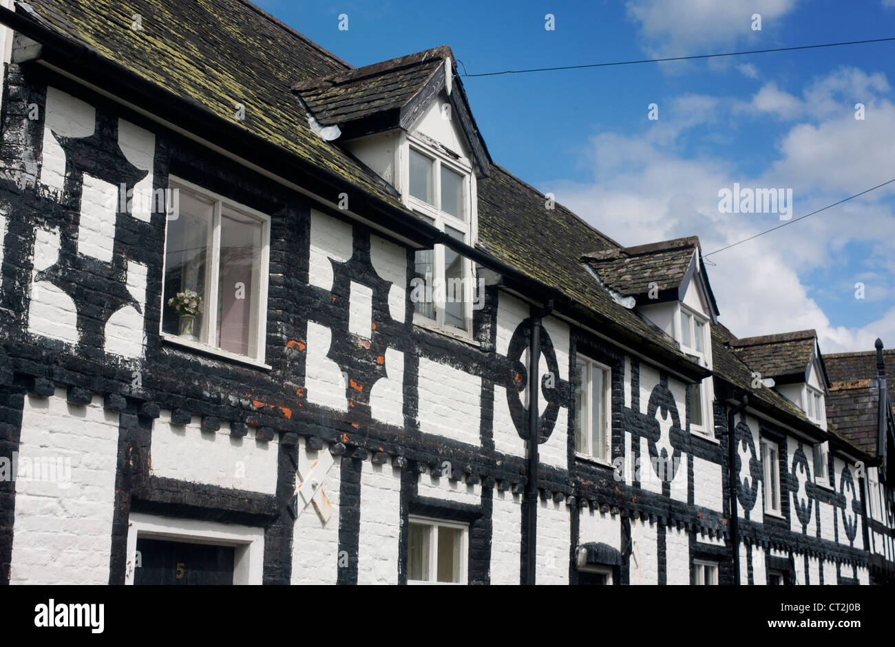 Rangée de pierres noires et blanches traditionnelles chalets typiques de la zone frontière galloise Montgomeryshire of Berriew Powys Pays de Galles UK Banque D'Images