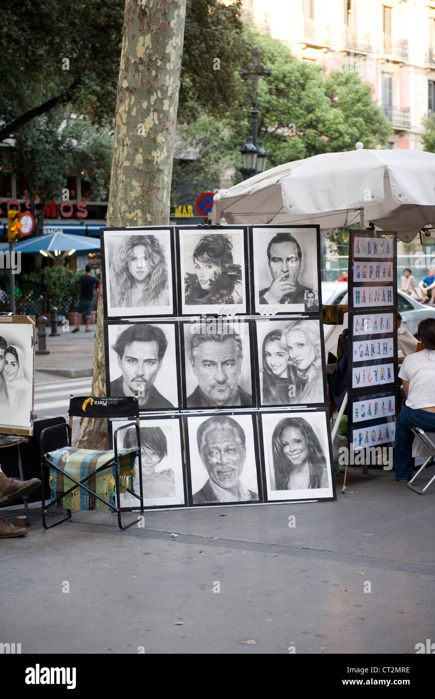 Dessins de célébrités par artiste de rue sur la rambla Barcelona Espagne Banque D'Images