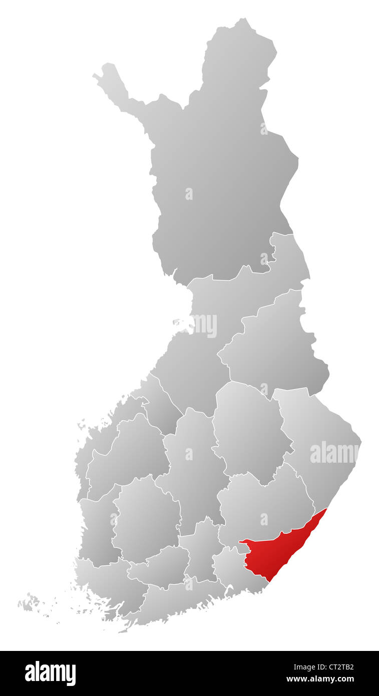 Carte politique de la Finlande avec plusieurs régions où la Carélie du Sud est en surbrillance. Banque D'Images