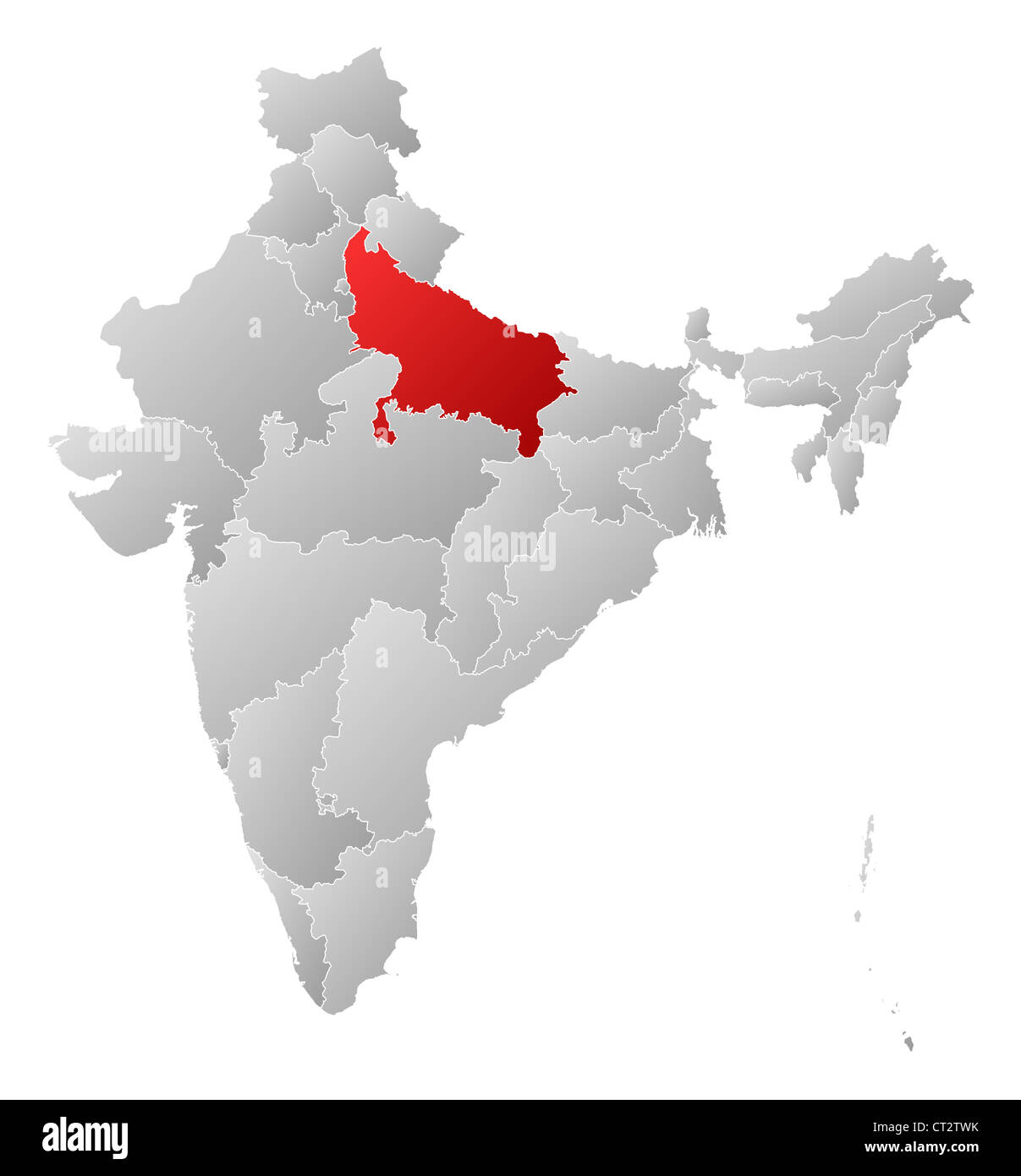 Carte politique de l'Inde avec les divers états de l'Uttar Pradesh où est mis en évidence. Banque D'Images