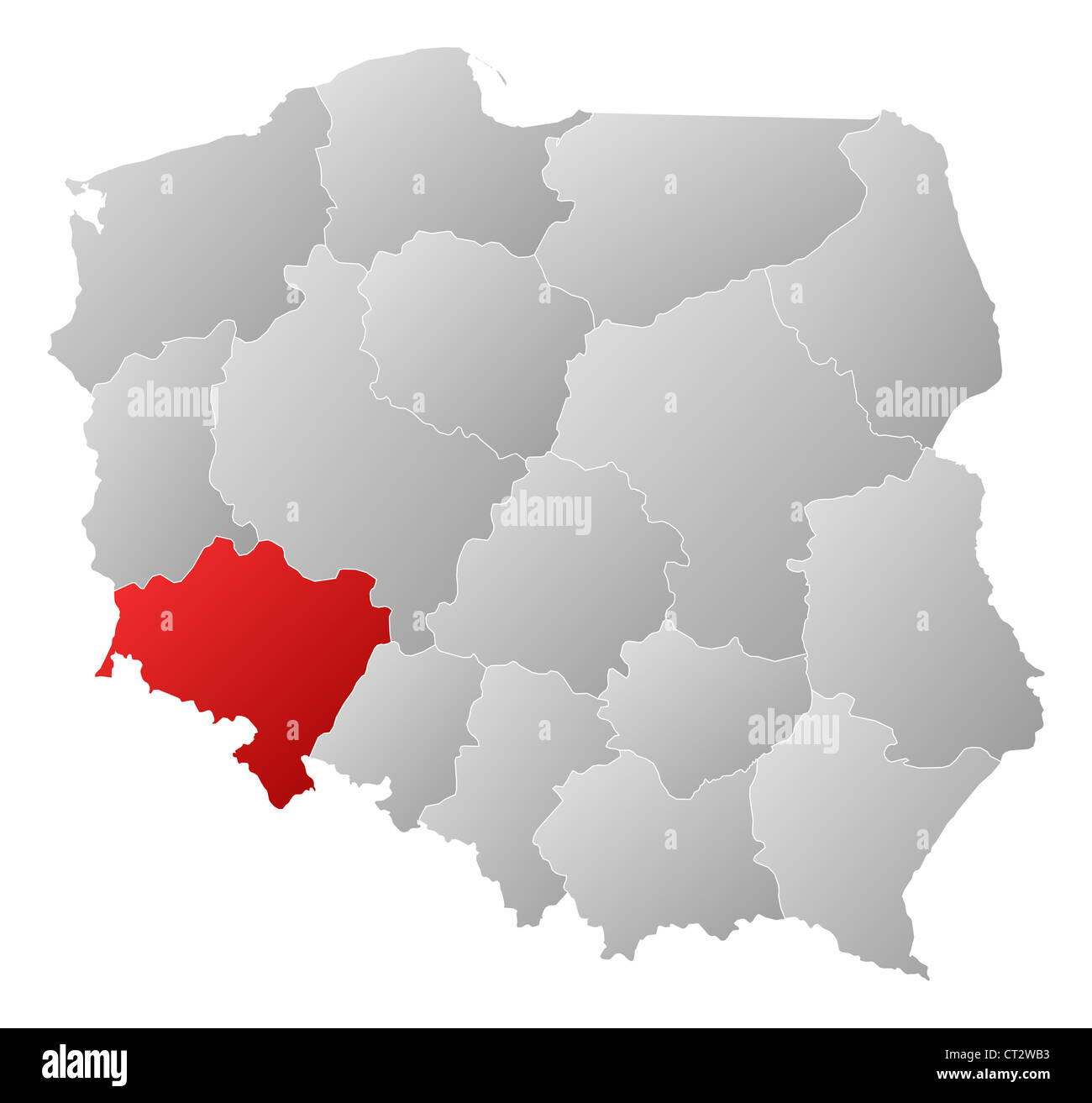 Carte politique de la Pologne avec les diverses provinces (voïvodies) où est mise en évidence de la Basse-Silésie. Banque D'Images
