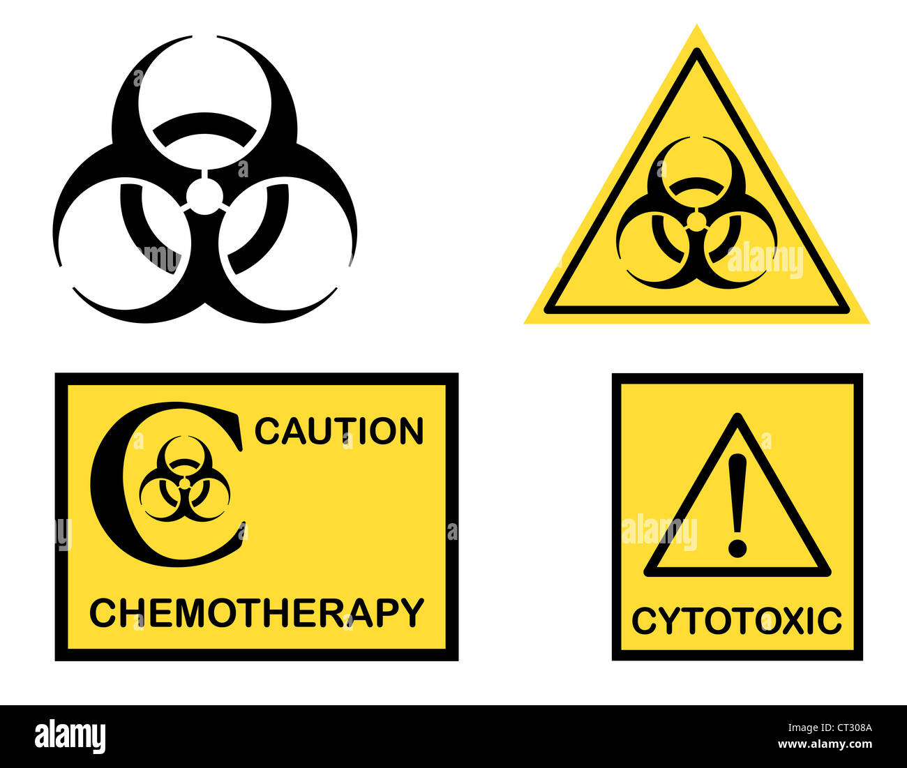 Risques biologiques, et la chimiothérapie cytotoxique icônes symboles. Plus isolé sur fond blanc. Banque D'Images