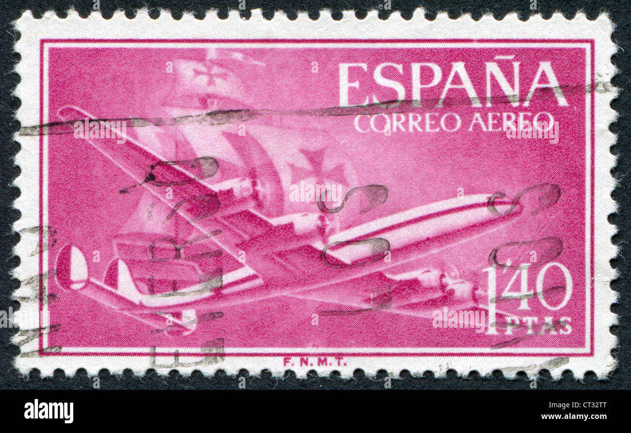 Espagne-VERS 1955 : timbre imprimé dans l'Espagne, le service postal montre l'avion Lockheed L-1049, vers 1955 Banque D'Images