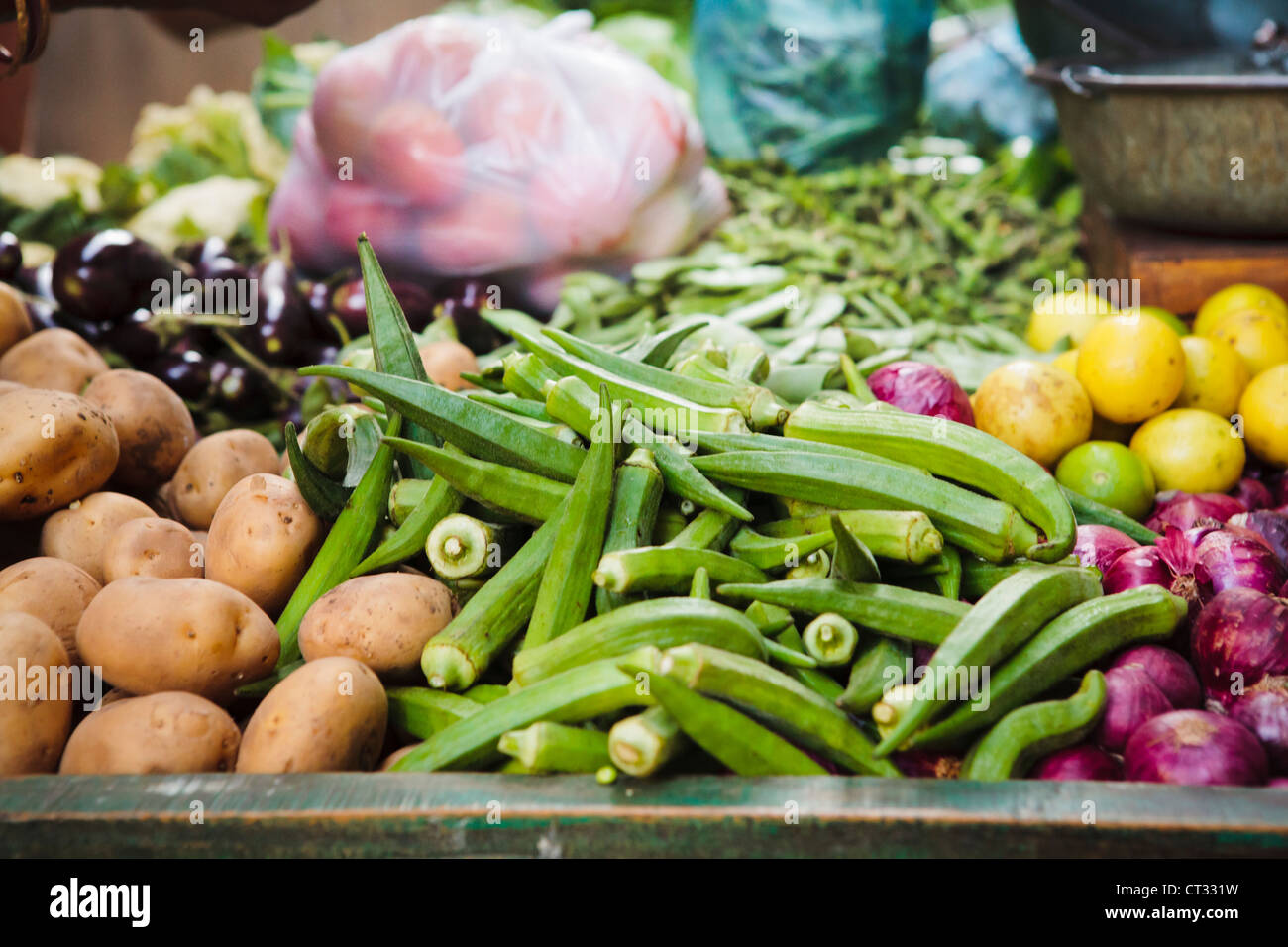 Vendeur de légumes locaux fait du porte à porte pour la vente des produits frais, Gujarat, Inde Banque D'Images