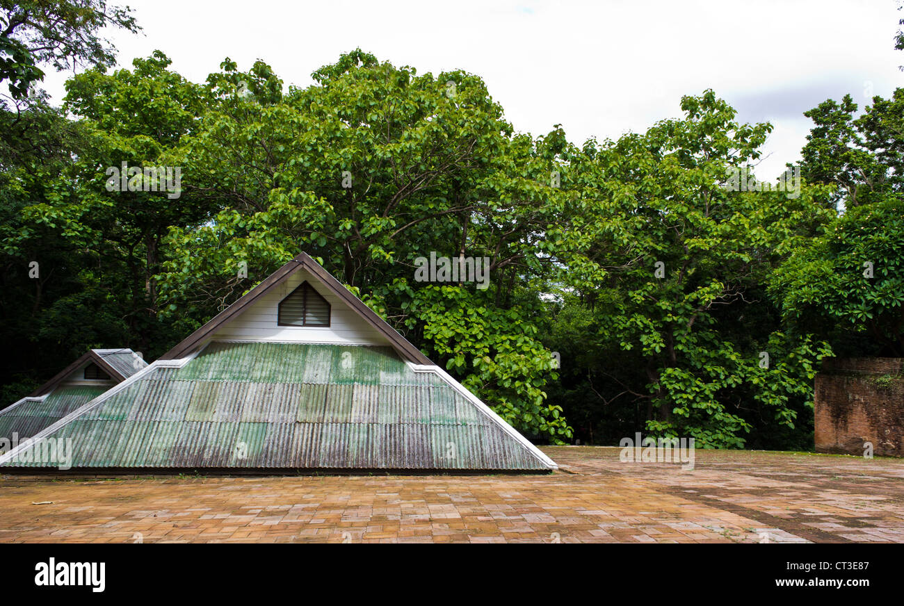 Vieux toit vert sur le sol en brique. Banque D'Images