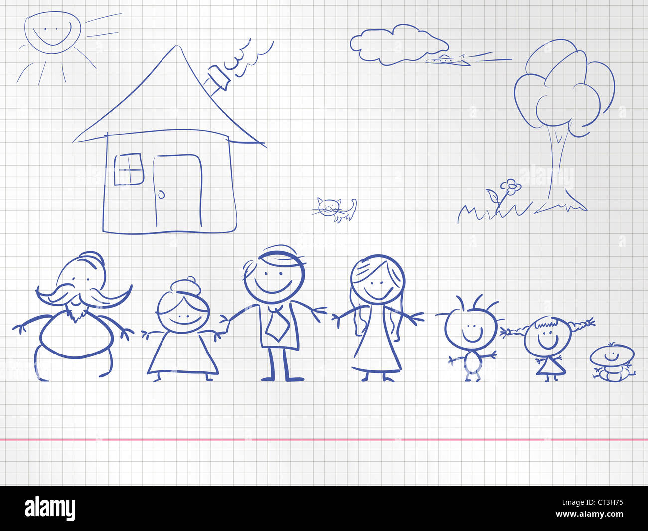 Une famille heureuse, un dessin d'enfant. illustration. Banque D'Images