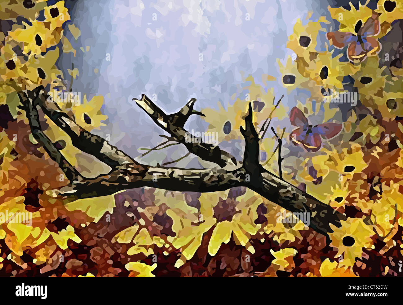 Illustration (vecteur) de semi une branche d'arbre dans la forêt avec des fleurs jaunes et de papillons Banque D'Images