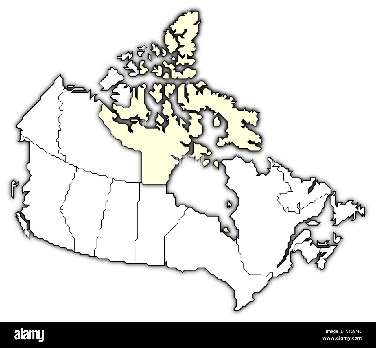 Carte politique du Canada avec les diverses provinces où le Nunavut est en surbrillance. Banque D'Images