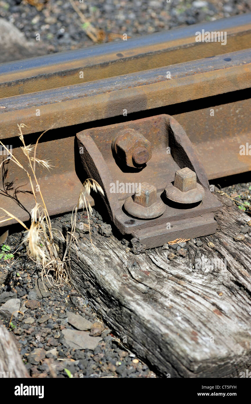 Voie ferrée sur des traverses en bois au dépôt du Chemin de fer à vapeur des Trois Vallées à Mariembourg, Belgique Banque D'Images