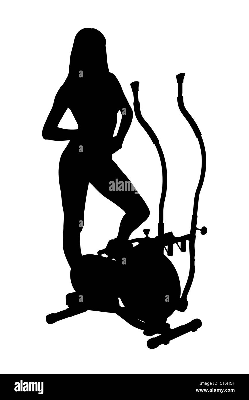 Une silhouette d'une femme posant sur un cross trainer machine isolé sur fond blanc Banque D'Images