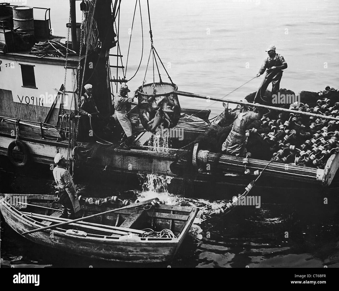 Les pêcheurs Vintage déchargement d'une capture de saumon frais Banque D'Images