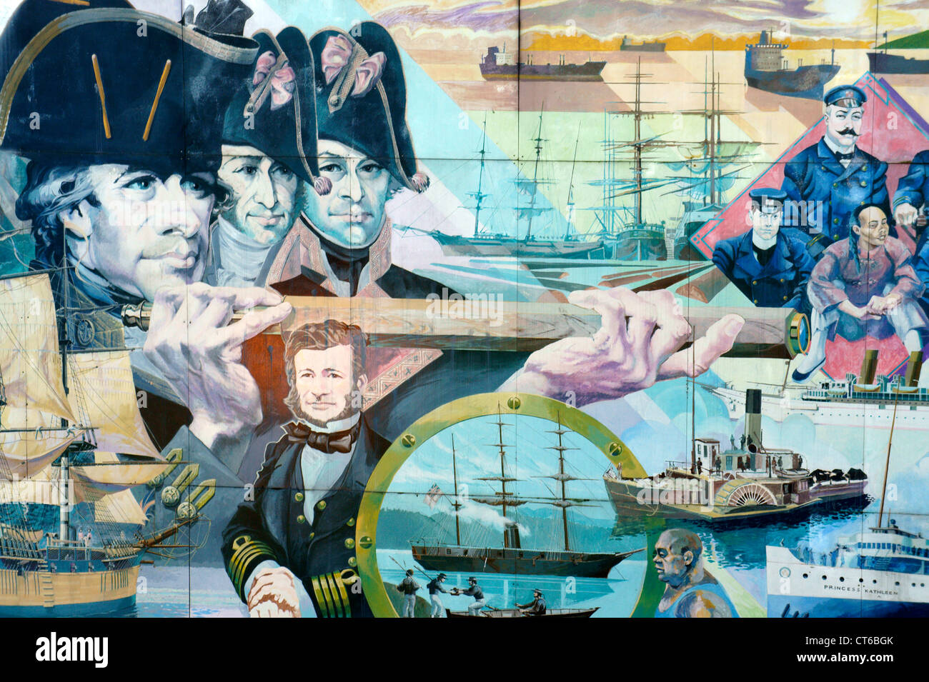 Détail de peinture murale par Frank Lewis dépeignant l'histoire maritime de Vancouver, Vancouver Maritime Museum, Hadden Park, Vancouver, BC, Canada Banque D'Images