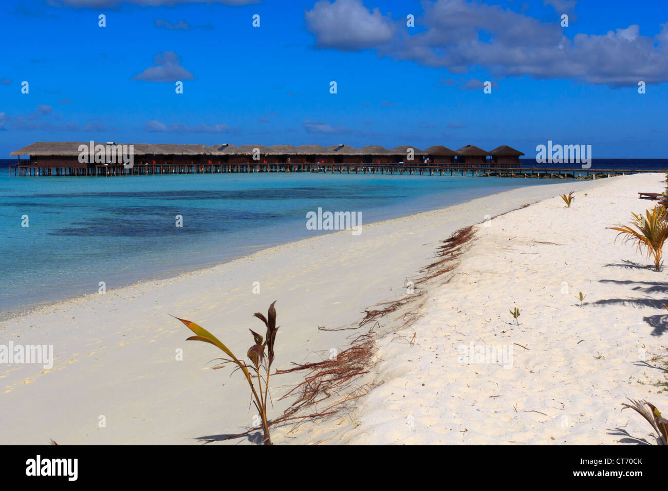 L'eau, bungalows de luxe mer bleu clair, plage de sable blanc et bleu ciel à l'Filitheyo island Resort. Banque D'Images