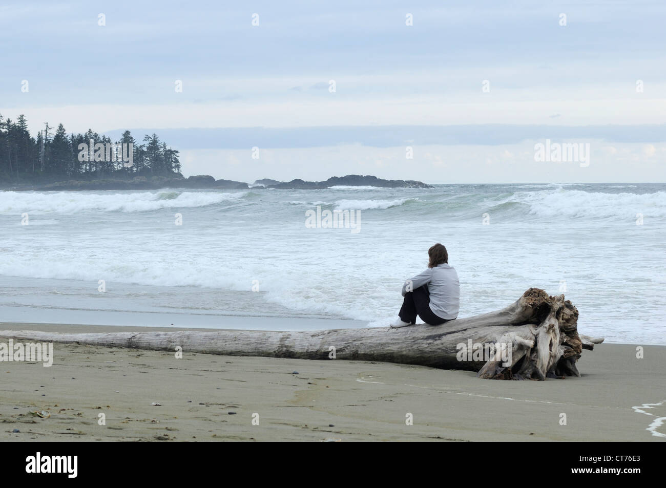 Jeune femme assise sur le tronc de l'arbre sur la plage au région de Tofino sur l'île de Vancouver Banque D'Images
