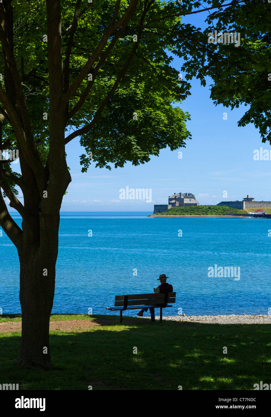 L'homme sur le banc à Queen's Royal Park sur le lac Ontario à Old Fort Niagara (USA) dans la distance, Niagara-on-the-Lake, Ontario, Canada Banque D'Images