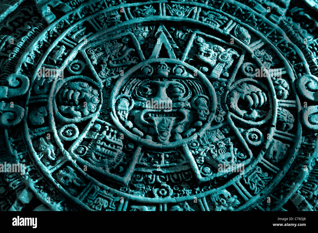 Détail du calendrier maya en bleu Banque D'Images