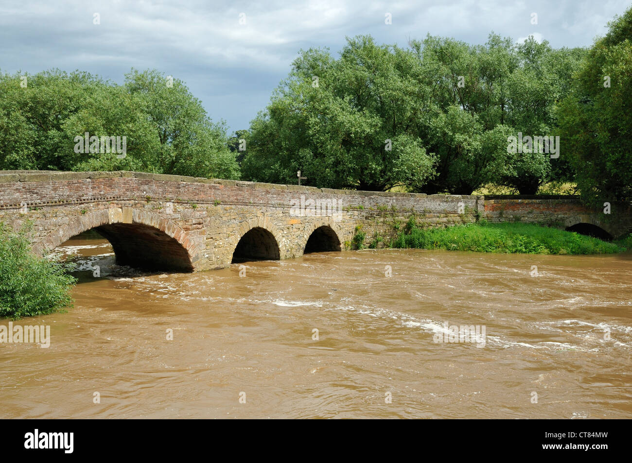 Pershore vieux pont sur la Rivière Avon en inondation, Worcestershire. Juillet 2012 Banque D'Images