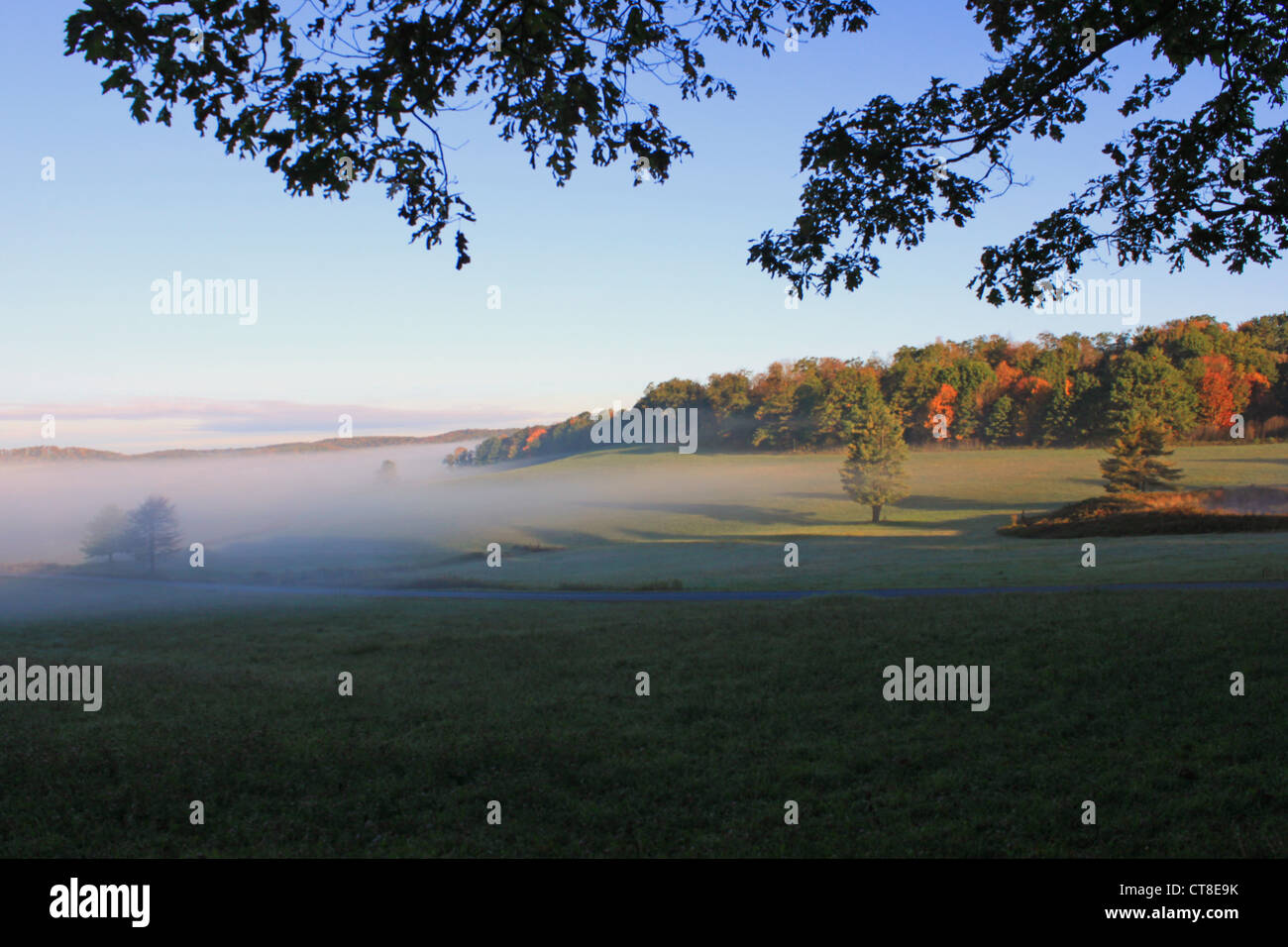 Un matin d'automne brumeux dans le pays de Dieu. Banque D'Images