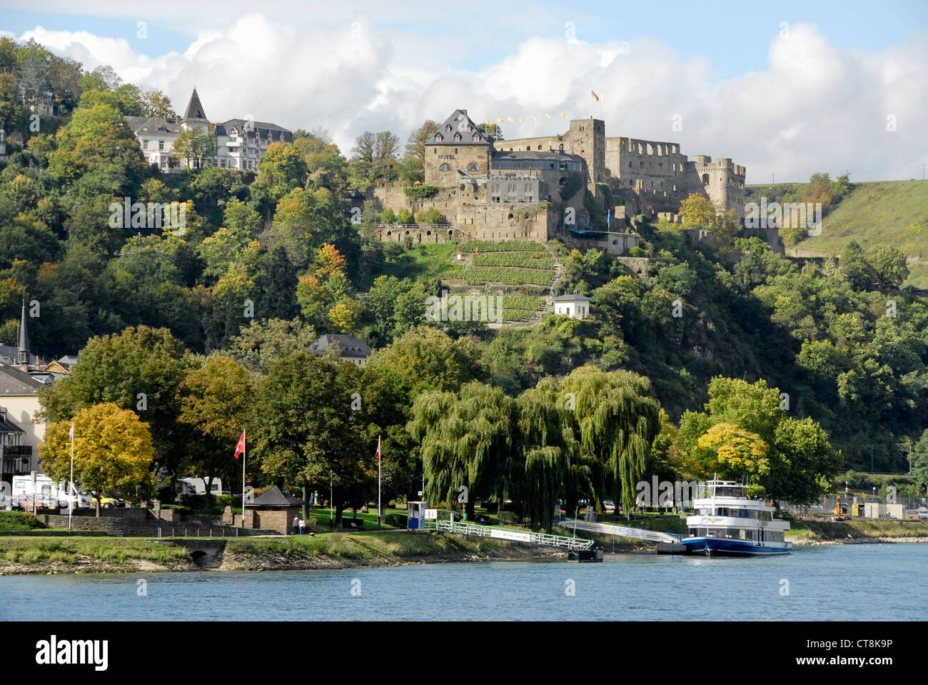 Forteresse Burg Rheinfels château sur la colline surplombant la ville de Sankt Goar, sur le Rhin, Allemagne Banque D'Images