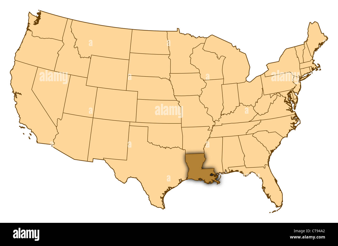 Carte des États-Unis où la Louisiane est en surbrillance Photo Stock