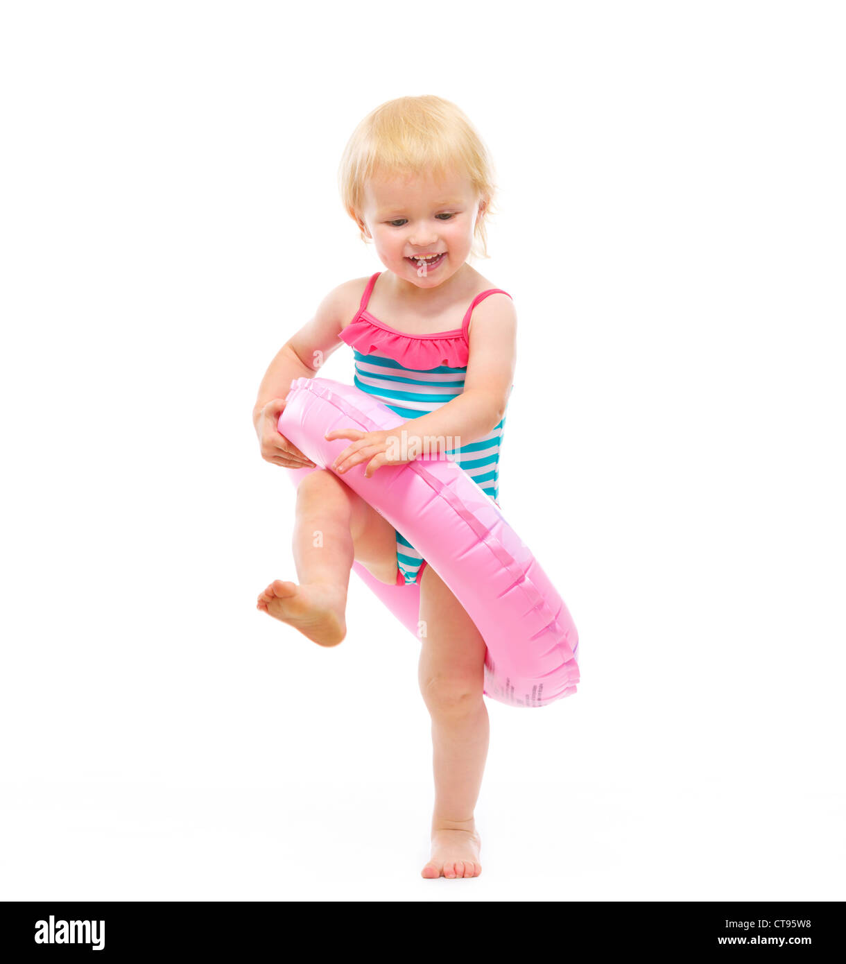En Maillot De Bain Bebe Fille Jouant Avec Anneau Gonflable Photo Stock Alamy