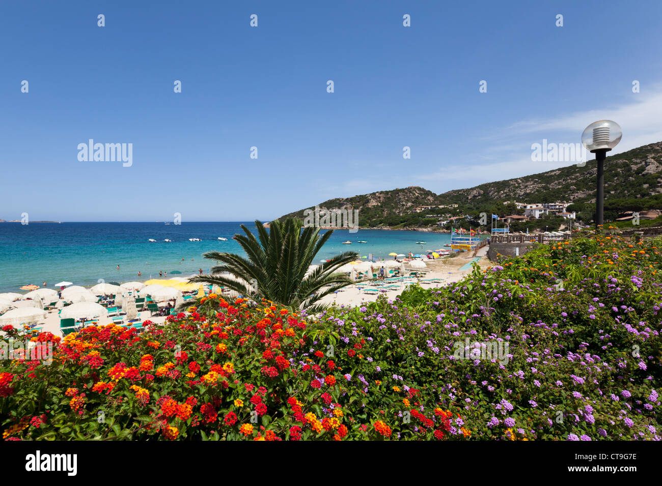 Promenade de la plage de Baja Sardinia avec fleurs sur la Sardaigne, Italie Banque D'Images