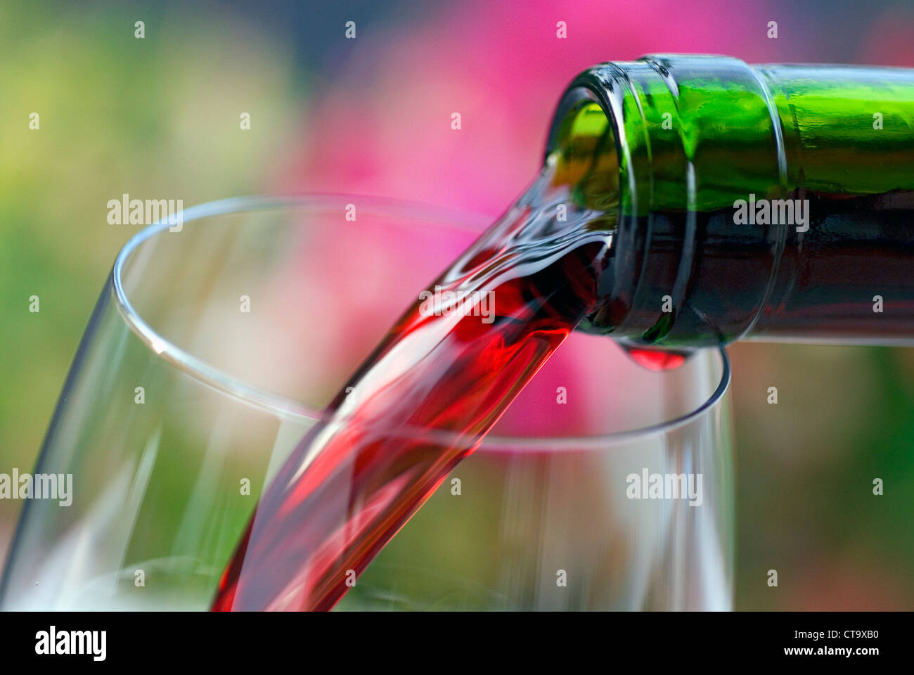 Verser du vin rouge en plein air dans un verre de vin avec des fleurs de jardin d'été en arrière-plan Banque D'Images