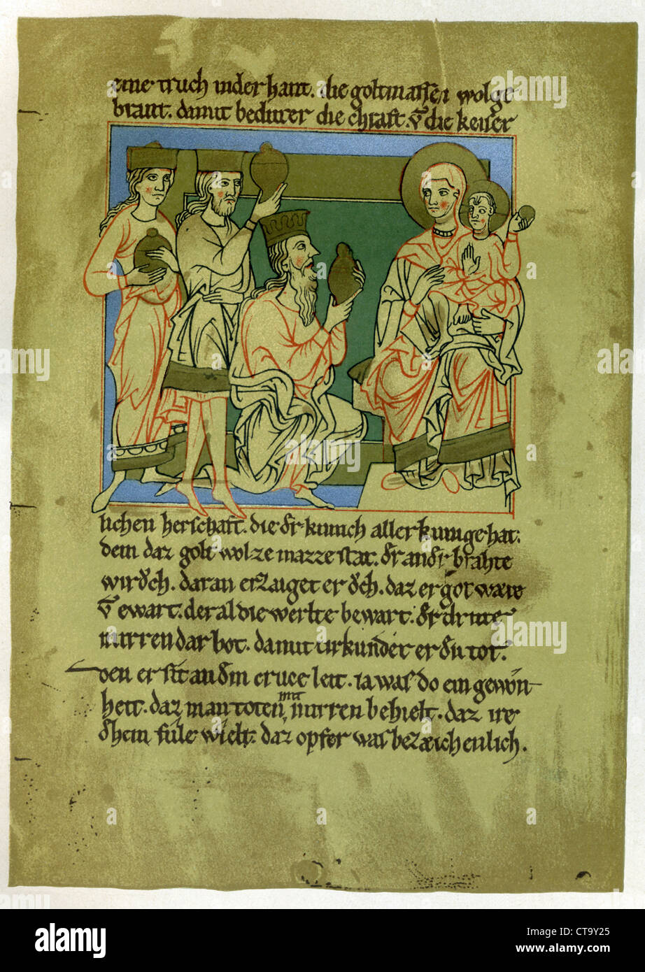 Marie, tenant son fils, est visité par les mages, les "trois sages." Il date du 12ème siècle A.D. Banque D'Images