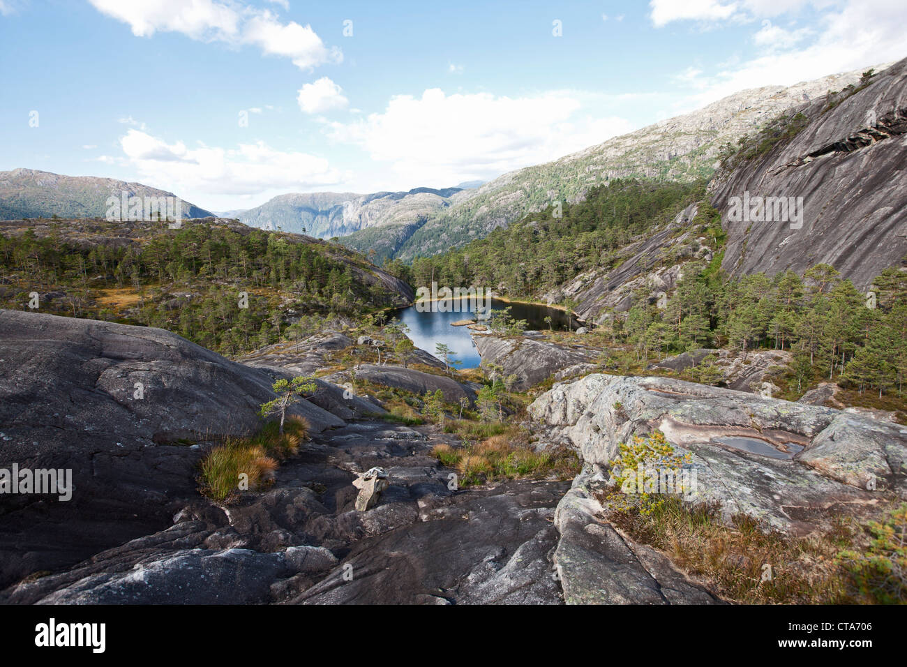 Lac dans un paysage rocheux avec des pins, Rullestad, Hordaland, Norvège à l'Ouest, la Scandinavie, l'Europe Banque D'Images