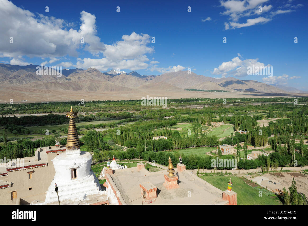 Stupa avec vue sur vallée de l'Indus, le monastère de Shey, Leh, vallée de l'Indus, le Ladakh, le Jammu-et-Cachemire, l'Inde Banque D'Images