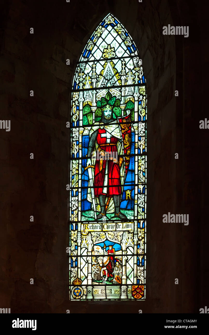 Des vitraux représentant Richard Coer de Lion (Richard I d'Angleterre ou Richard Coeur de Lion), Abbey Dore, UK Banque D'Images