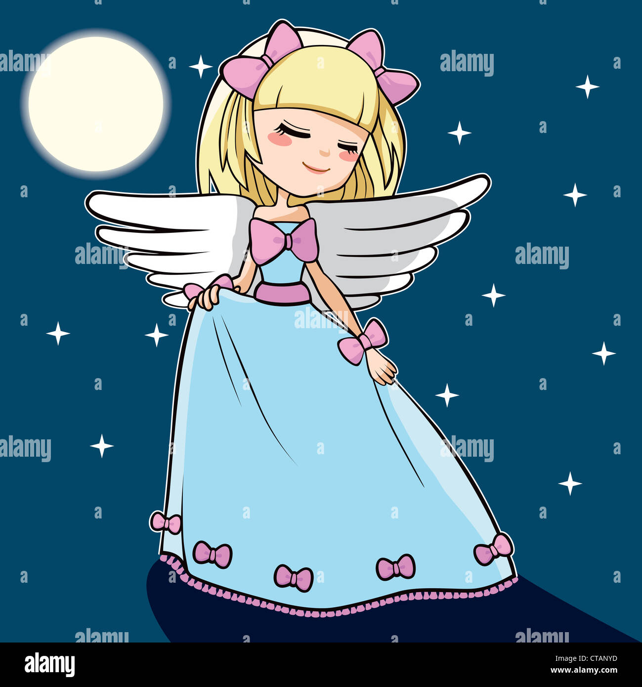 Cute blonde angel danser sous la lumière de la lune et des étoiles Banque D'Images