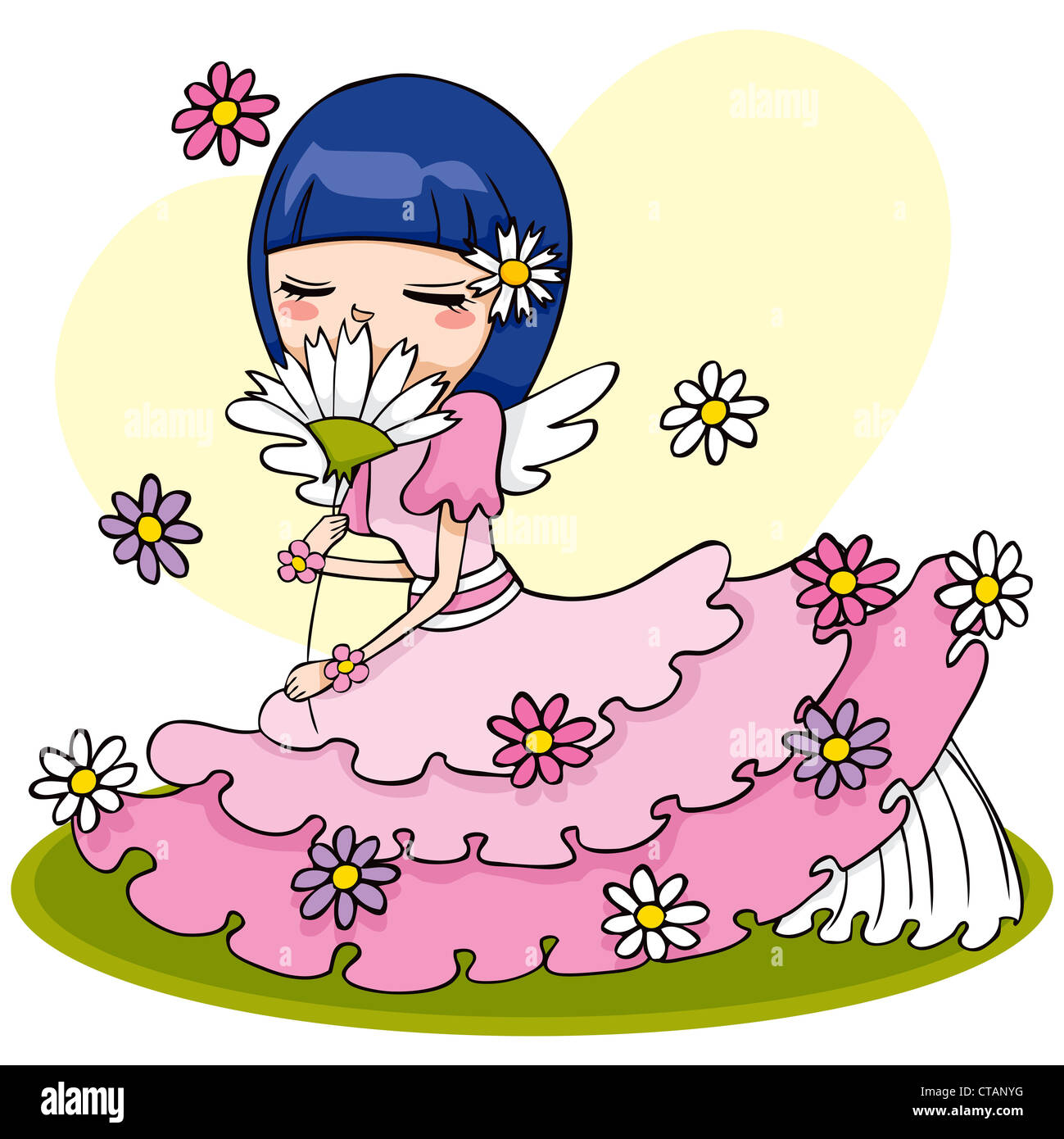 Cute angel en robe rose assis et sentir fleur blanche Banque D'Images
