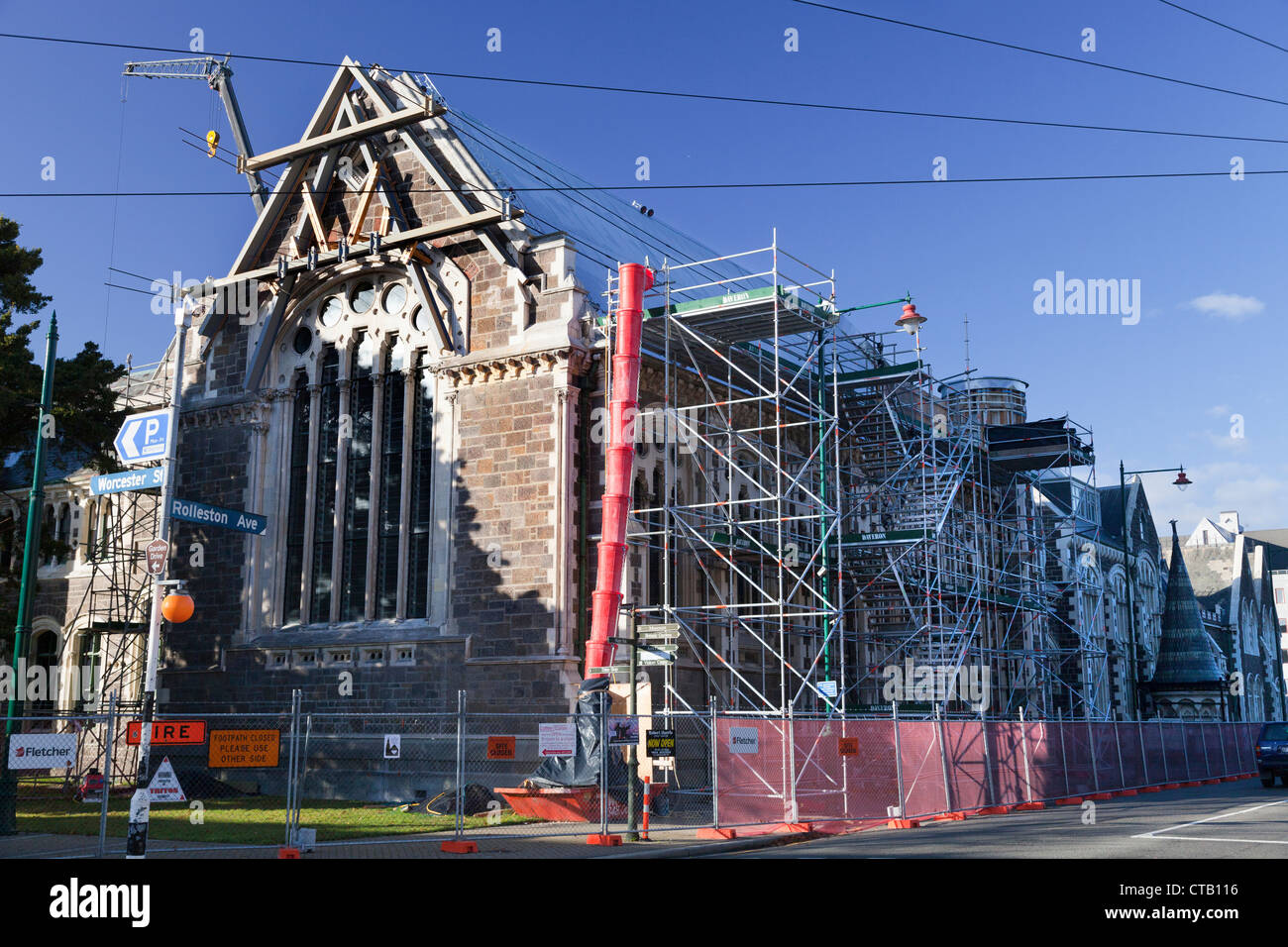 Post-séisme Christchurch, Nouvelle-Zélande - bâtiments endommagés à la jonction de Worcester Street et Avenue Rolleston Banque D'Images