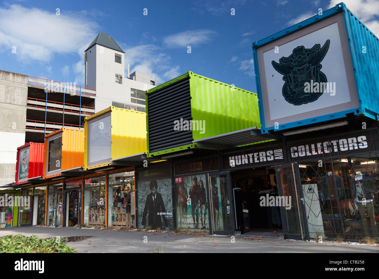 Post-séisme Christchurch, Nouvelle-Zélande - innovative Container City shopping mall 3 instantanée Banque D'Images