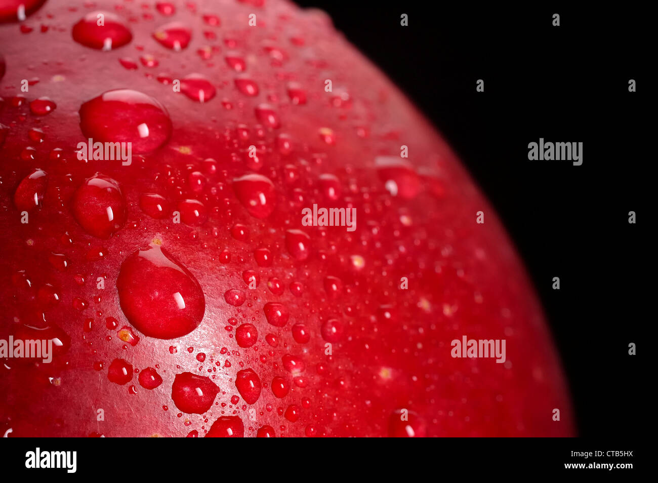 Close-up of red apple avec de l'eau gouttes ; fond noir Banque D'Images