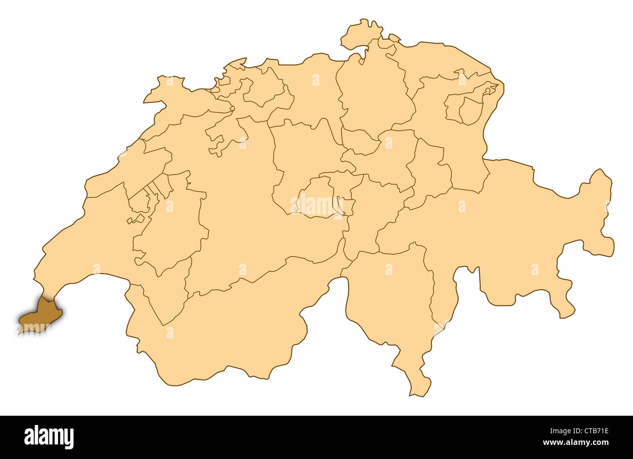 Carte de Suisse où Genève est en surbrillance. Banque D'Images