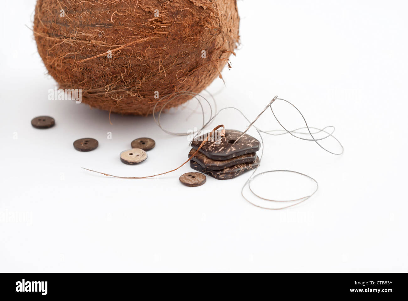Une noix de coco à côté des boutons artisanaux d'une variété de formes et tailles taillée d'une coque de noix de coco. Banque D'Images