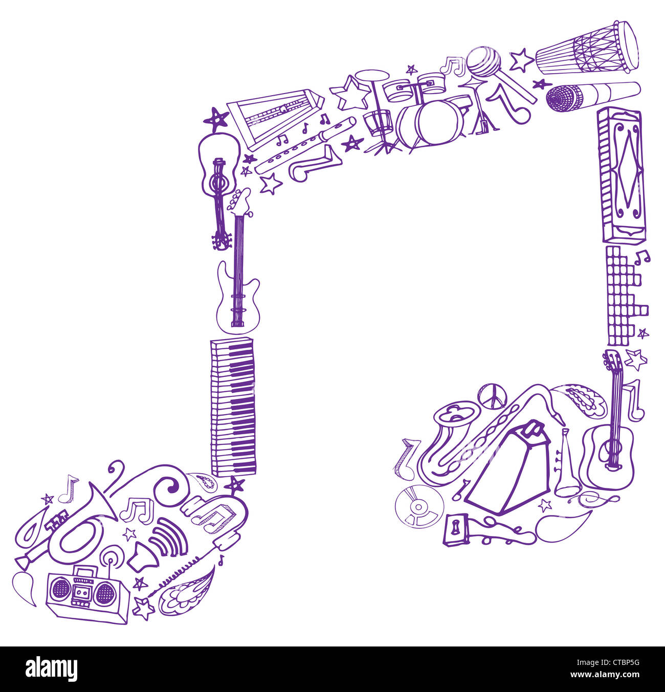 Hand drawn doodle connexes musique disposés en forme de note. Banque D'Images