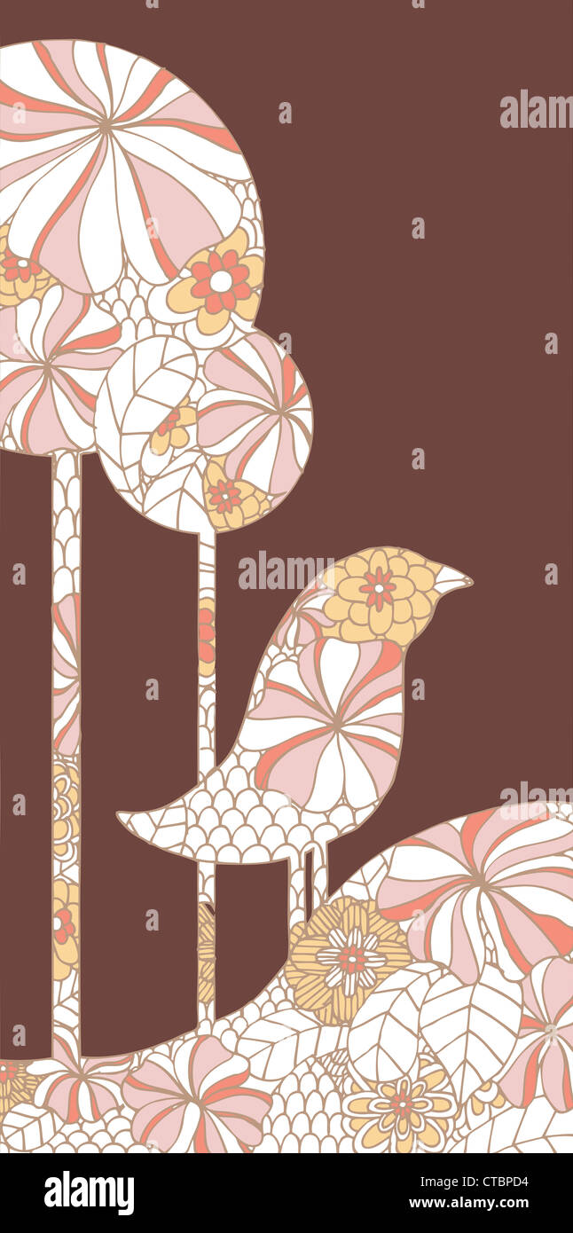 Les arbres et les oiseaux avec des fleurs rétro. Banque D'Images