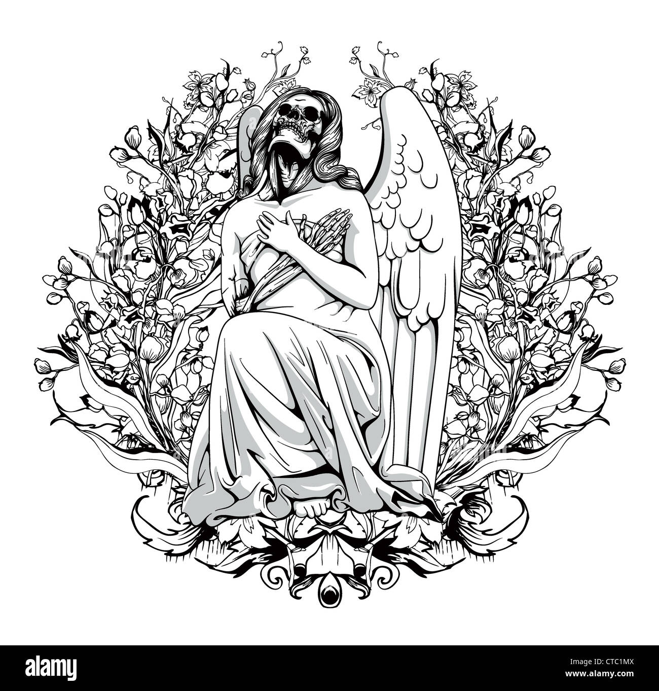 Dark Angel avec vector illustration vintage floral Banque D'Images