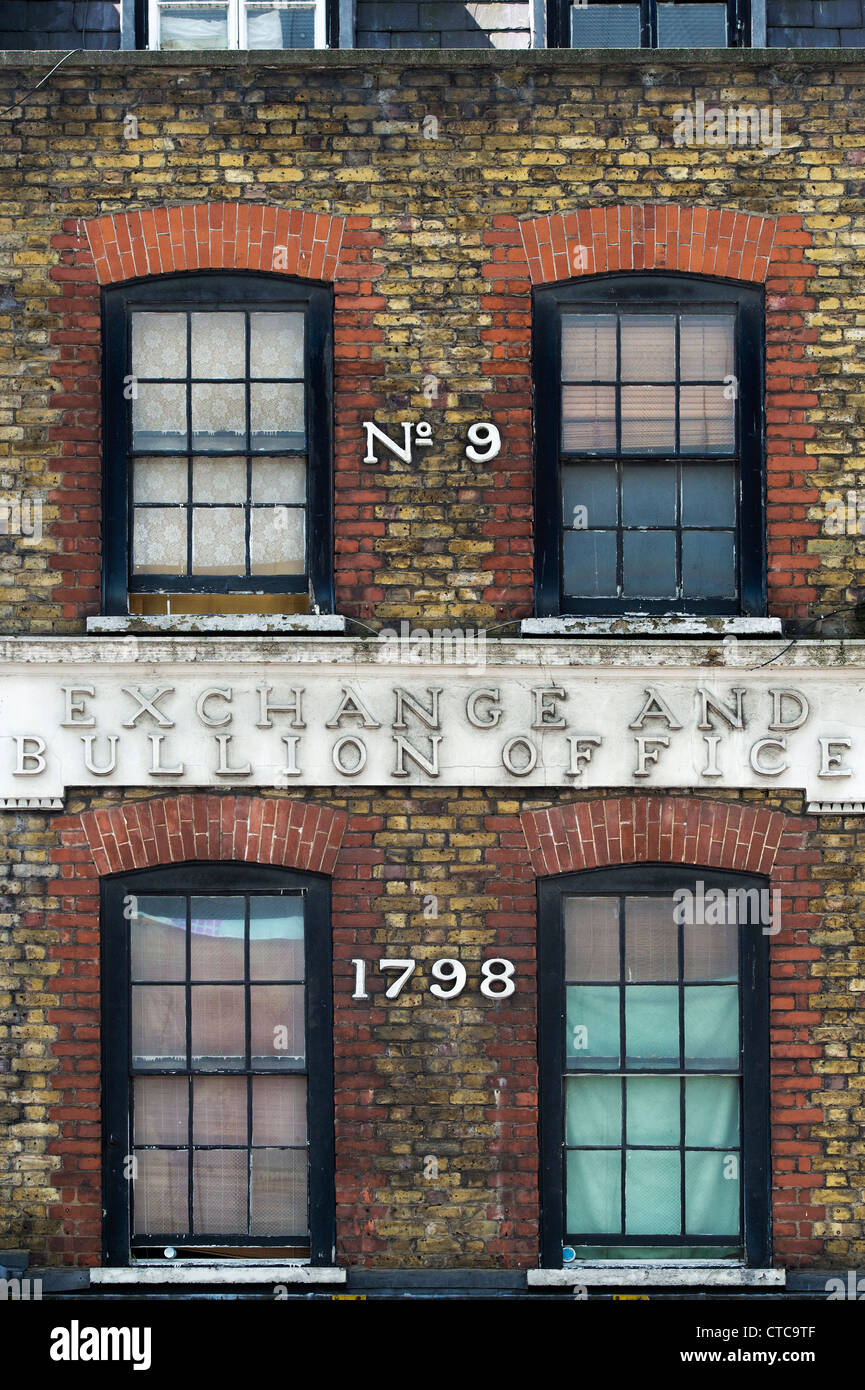 Numéro neuf, l'échange et l'office 1798 bullion, Wardour Street. Londres, Angleterre Banque D'Images
