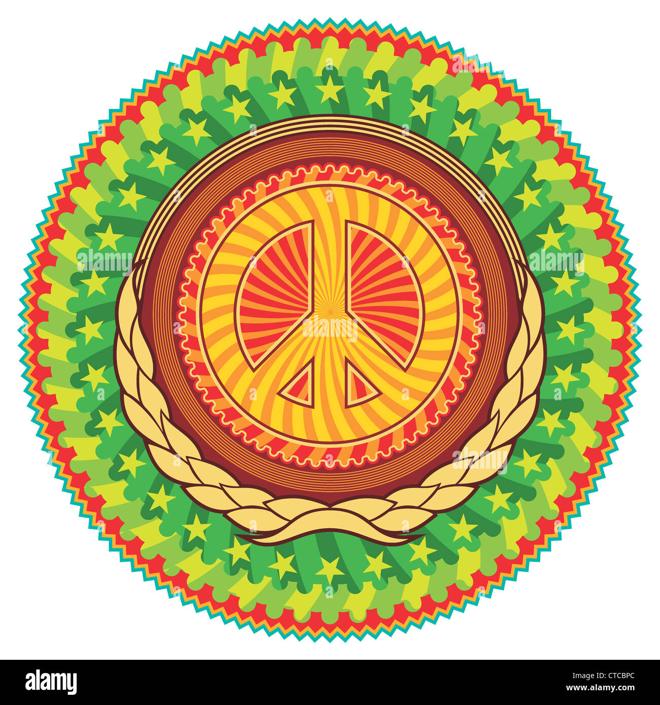 Hippie psychédélique couleur emblème avec peace sign Banque D'Images